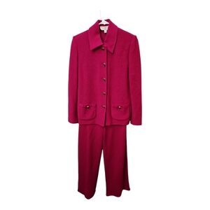 ST JOHN Size 6 Fuscia Pink Santana Knit Two Piece Wool Blend Luxury Pant Suit